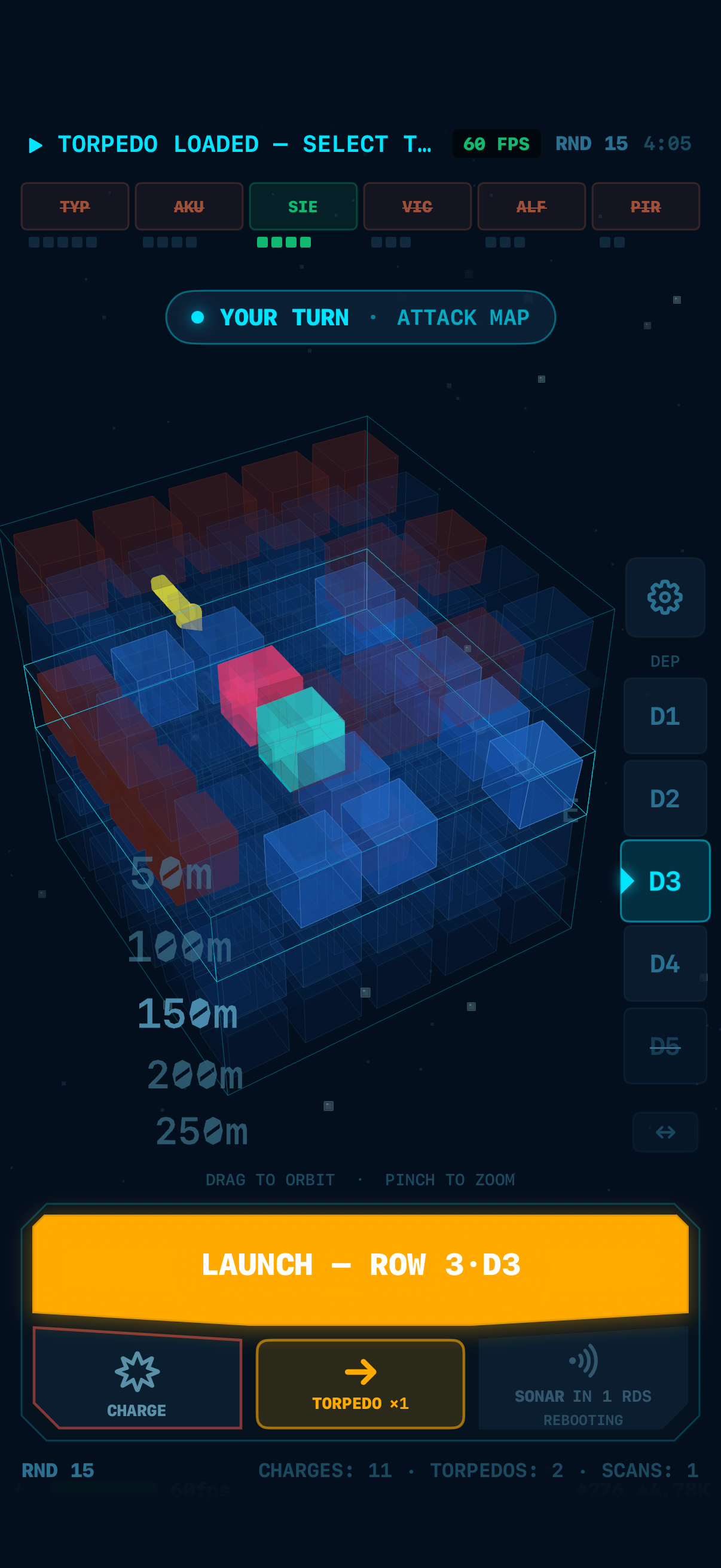 Launching torpedo on Row 3 · Depth 3